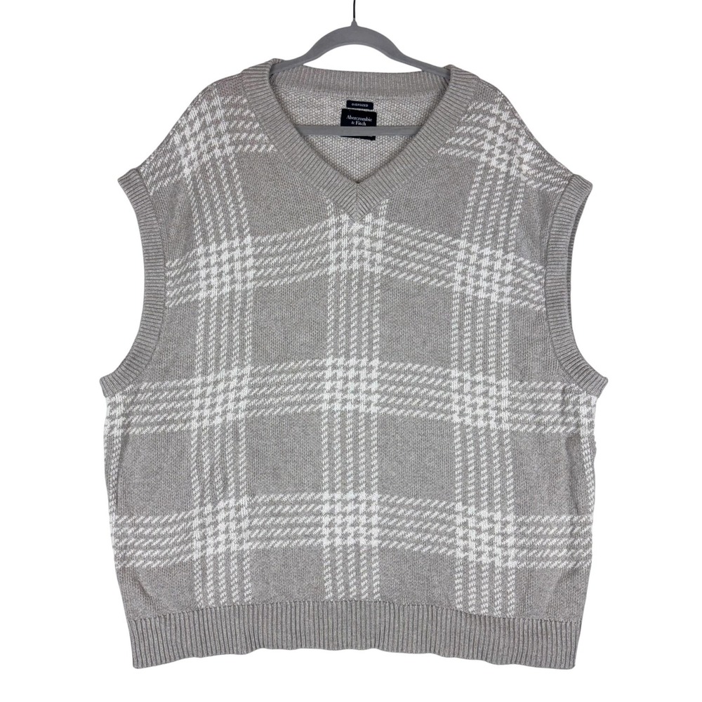 Abercrombie & Fitch Sweater Vest Womens Large Gray Plaid V Neck Oversized Knit
